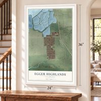 Egger Highlands, California map, 24 x 36 inch print in a white frame by a staircase