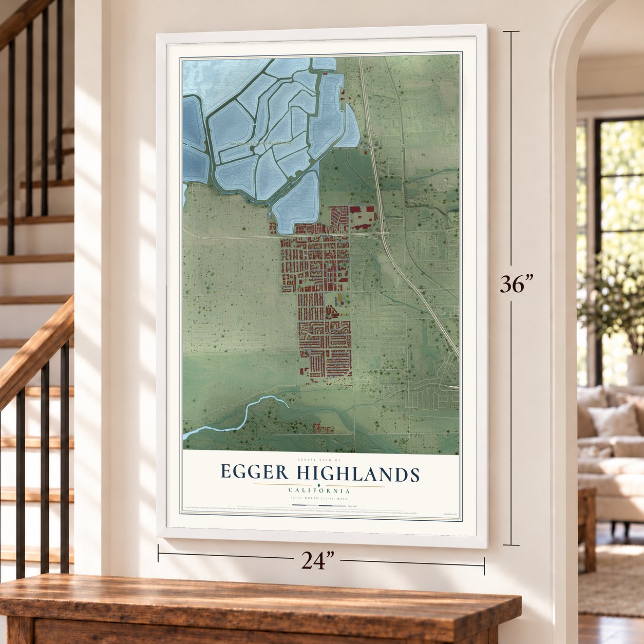 Egger Highlands, California map, 24 x 36 inch print in a white frame by a staircase