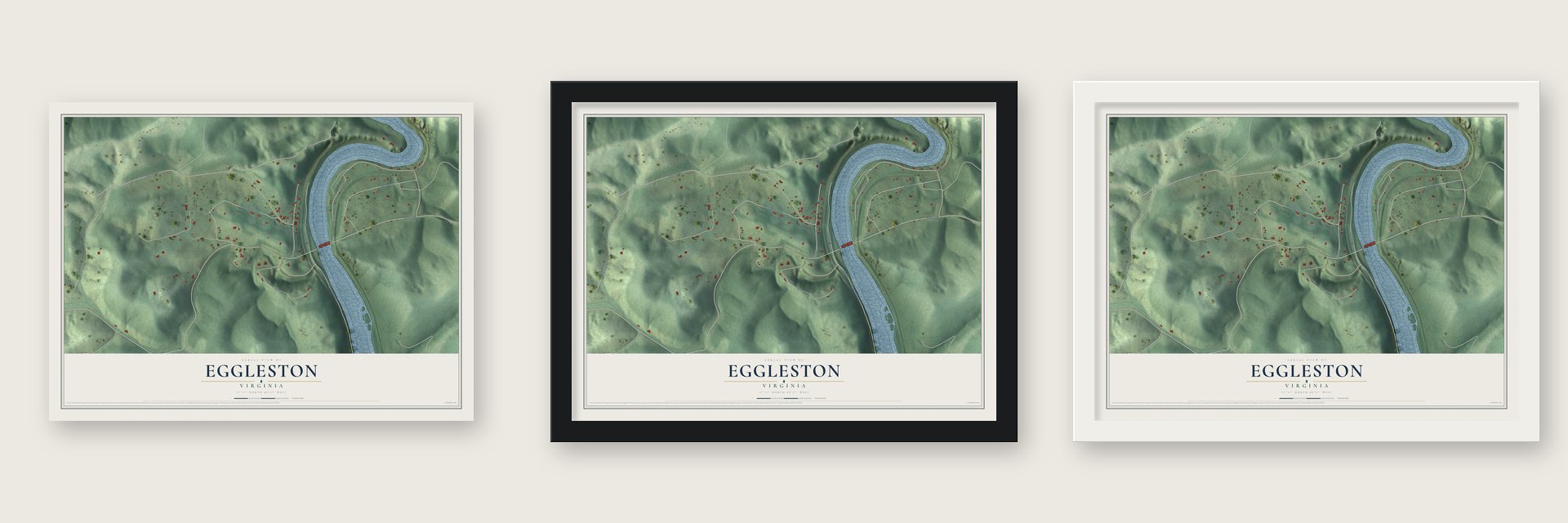 Eggleston, Virginia map unframed, in a black wood frame and in a white wood frame