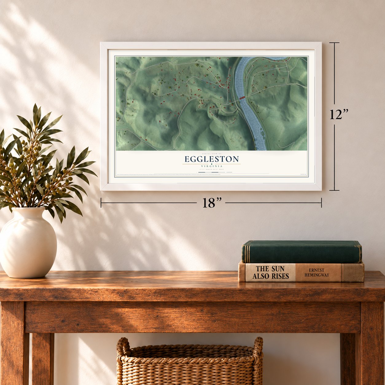 Eggleston, Virginia map, 12 x 18 inch print in a white frame in an entryway