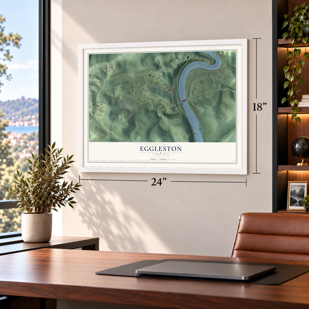 Eggleston, Virginia map, 18 x 24 inch print in a white frame in a home office