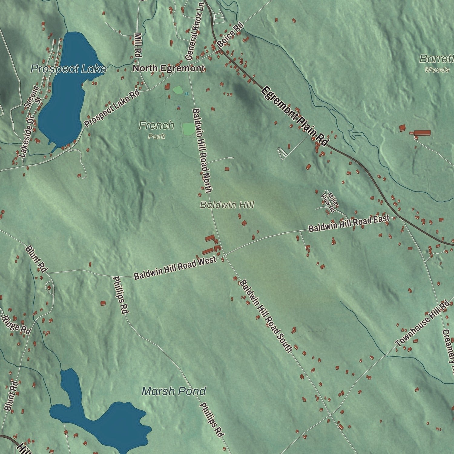 Close-up of the map of Egremont, Massachusetts print showing terrain and local geography