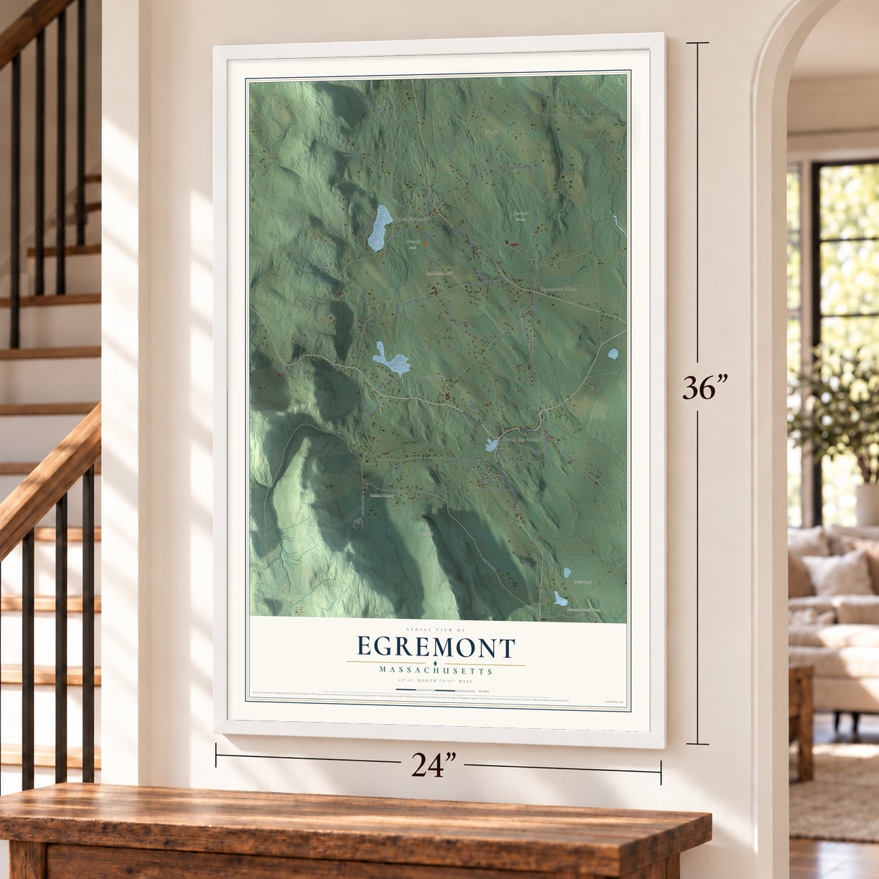Egremont, Massachusetts map, 24 x 36 inch print in a white frame by a staircase