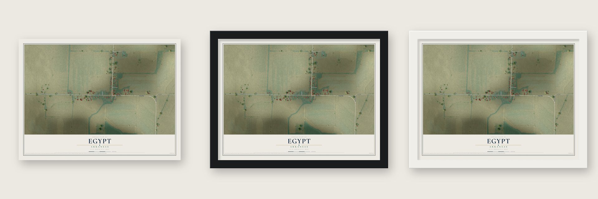 Egypt, Arkansas map unframed, in a black wood frame and in a white wood frame