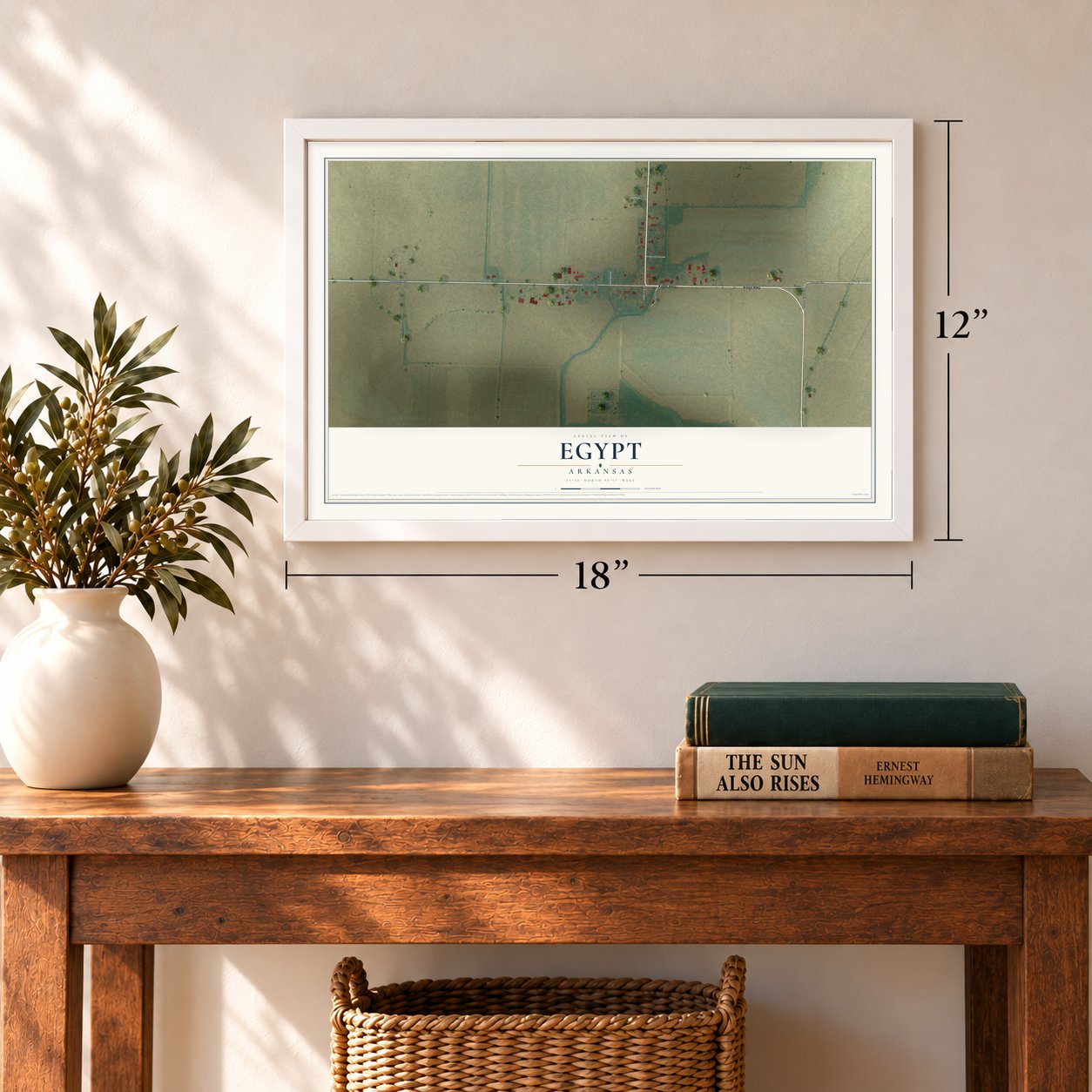Egypt, Arkansas map, 12 x 18 inch print in a white frame in an entryway