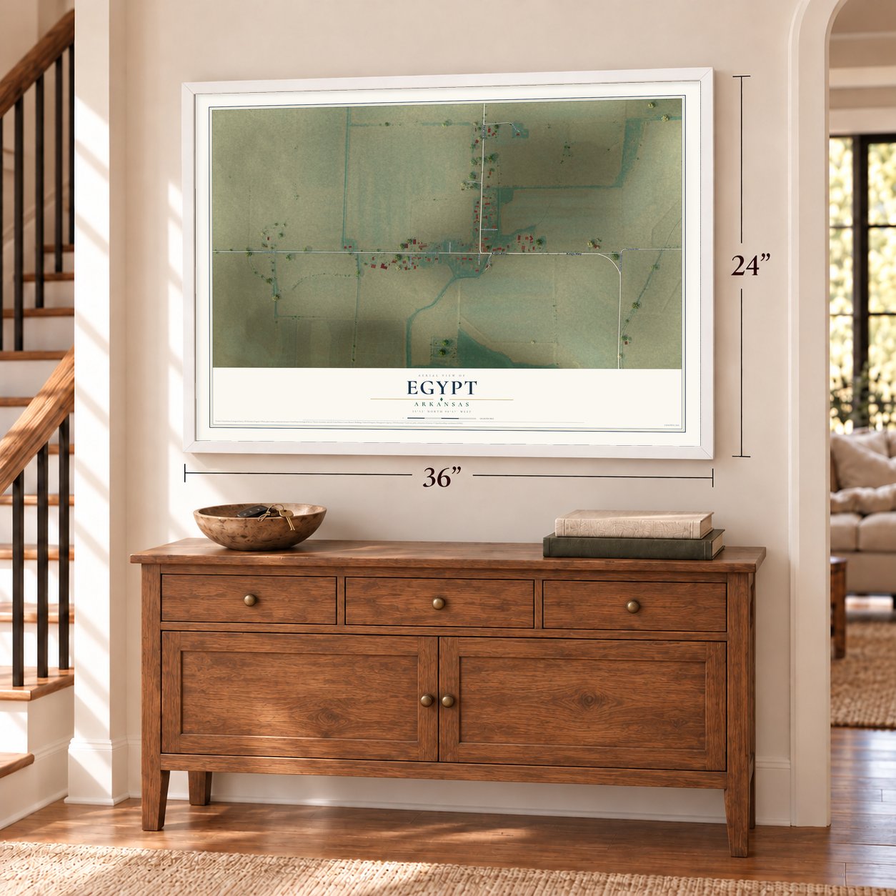 Egypt, Arkansas map, 24 x 36 inch print in a white frame above a dresser by a staircase