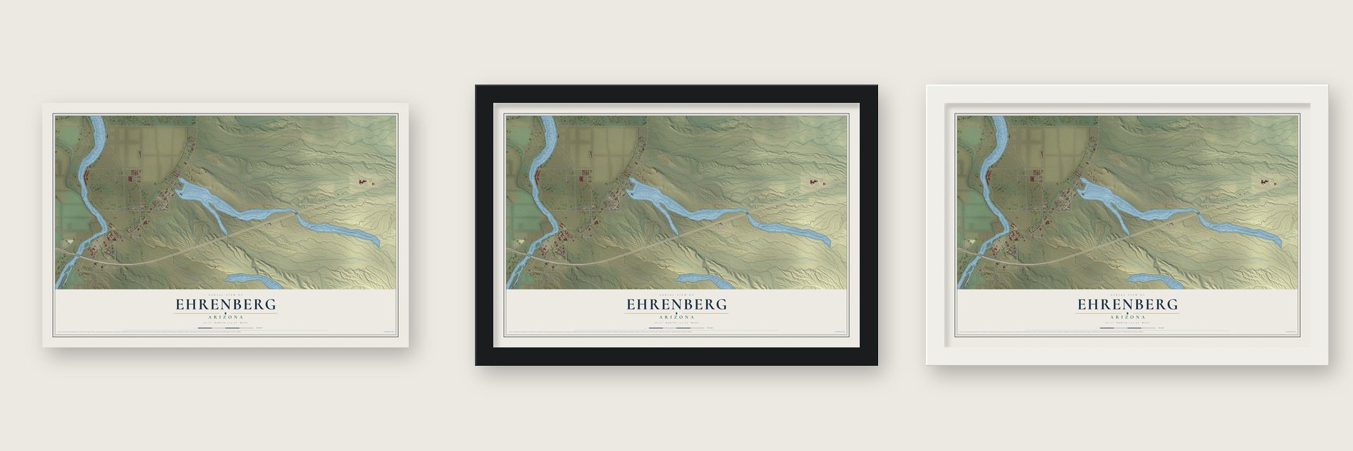 Ehrenberg, Arizona map unframed, in a black wood frame and in a white wood frame
