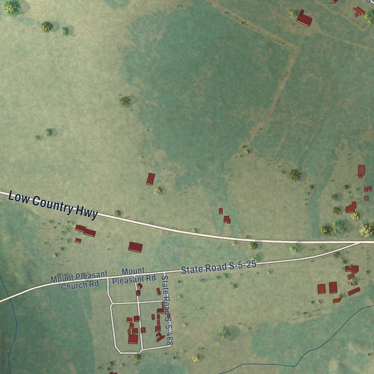 Second close-up of the map of Ehrhardt, South Carolina print showing more streets and buildings