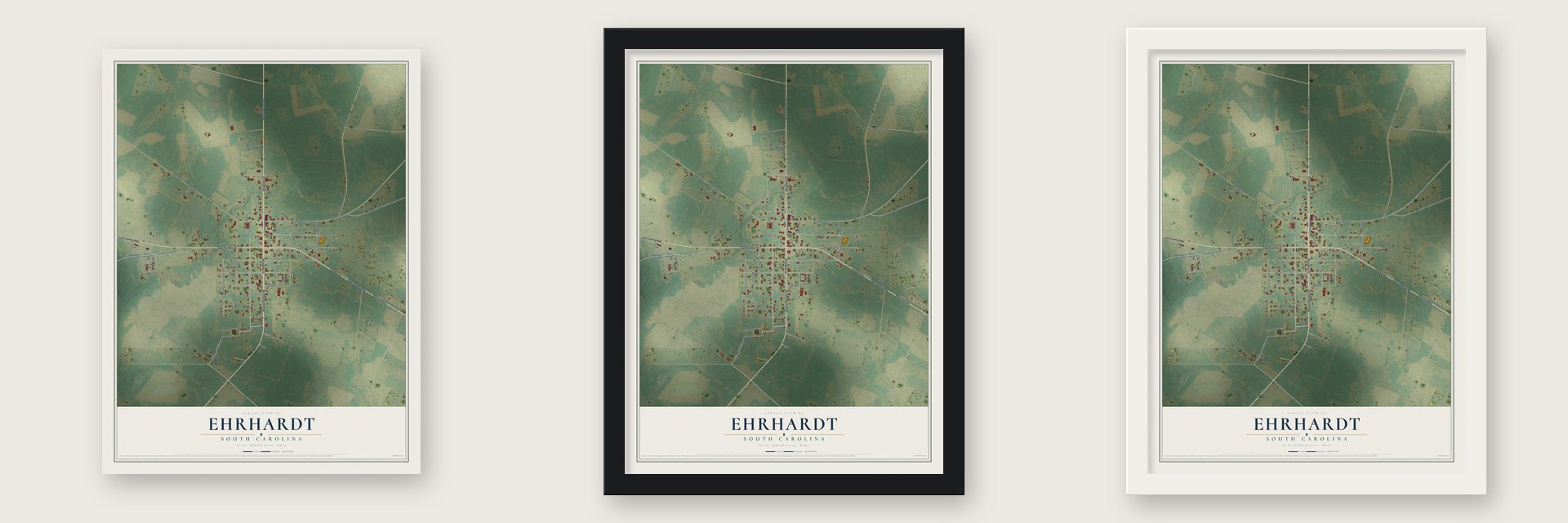 Ehrhardt, South Carolina map unframed, in a black wood frame and in a white wood frame