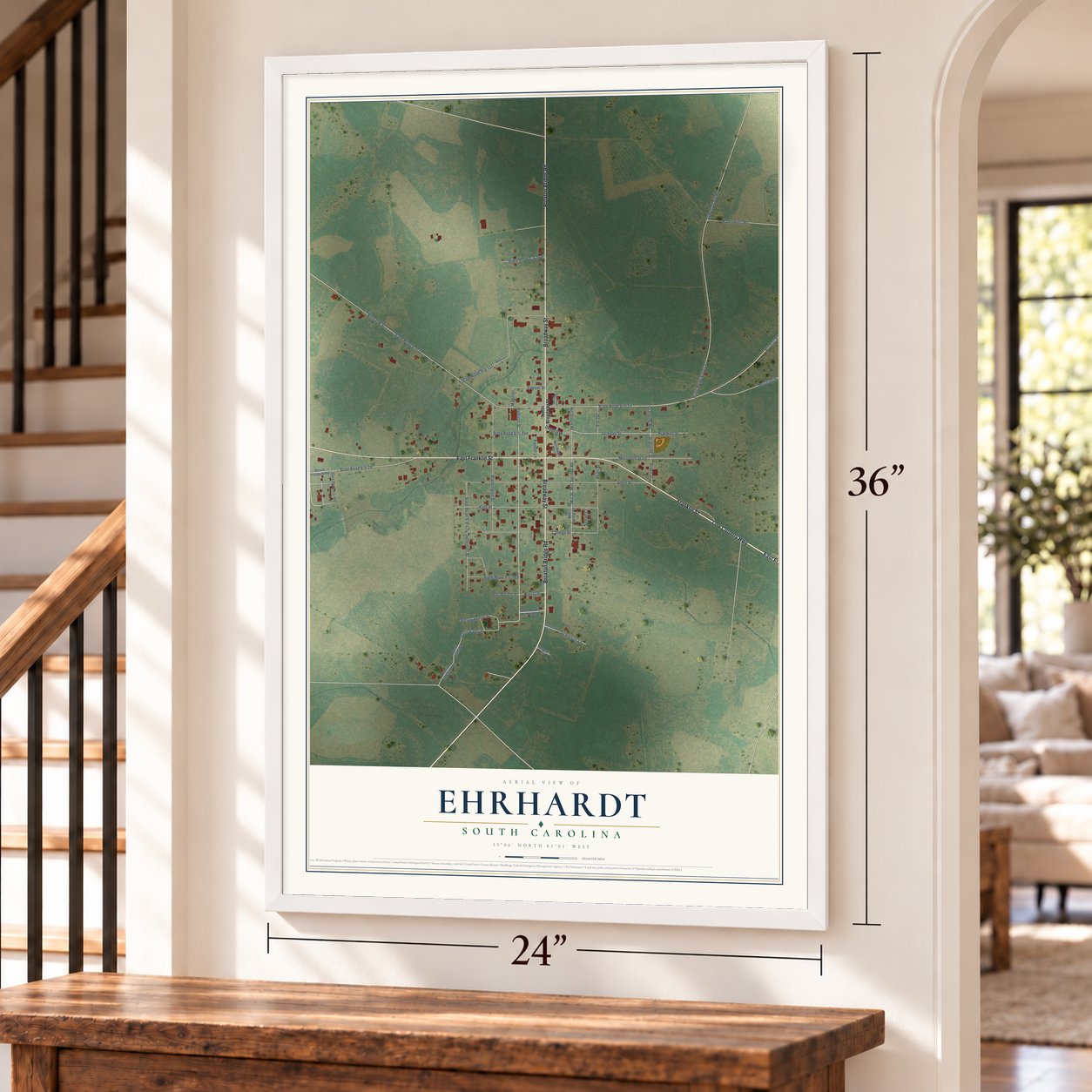 Ehrhardt, South Carolina map, 24 x 36 inch print in a white frame by a staircase