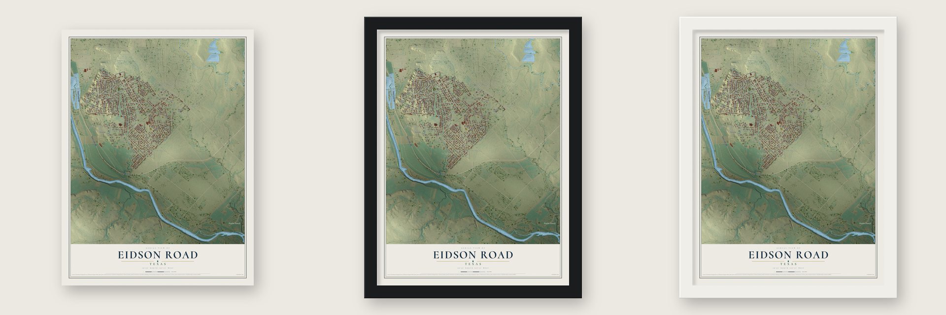 Eidson Road, Texas map unframed, in a black wood frame and in a white wood frame