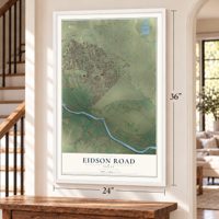 Eidson Road, Texas map, 24 x 36 inch print in a white frame by a staircase