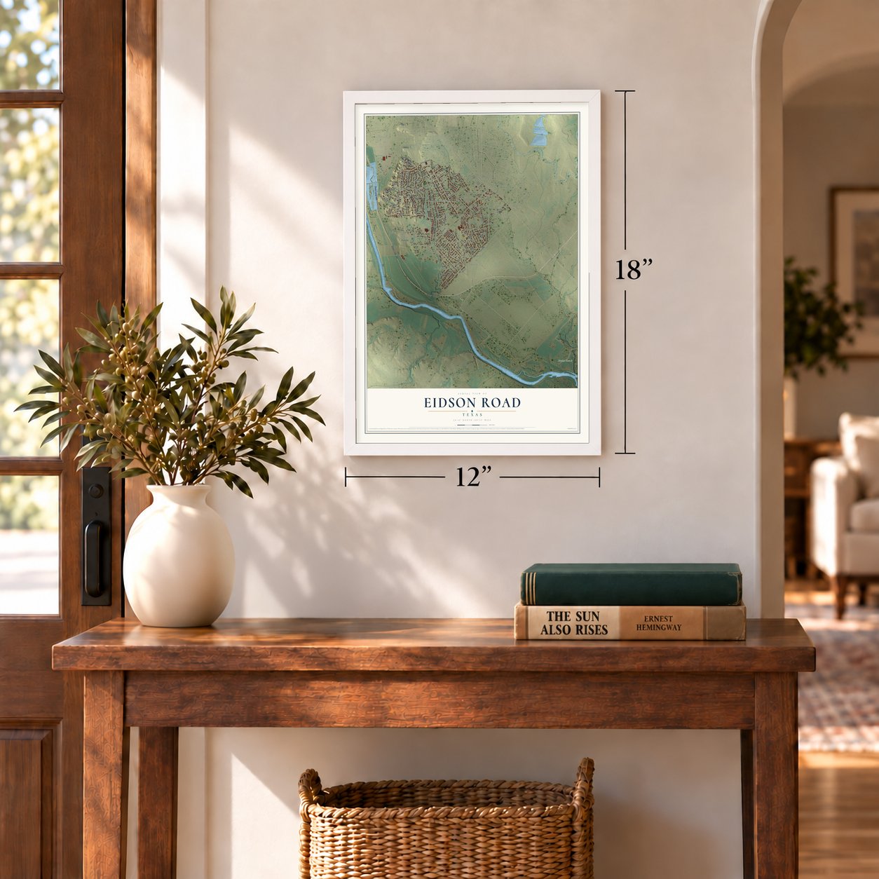 Eidson Road, Texas map, 12 x 18 inch print in a white frame in an entryway