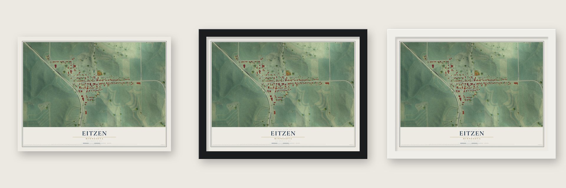 Eitzen, Minnesota map unframed, in a black wood frame and in a white wood frame