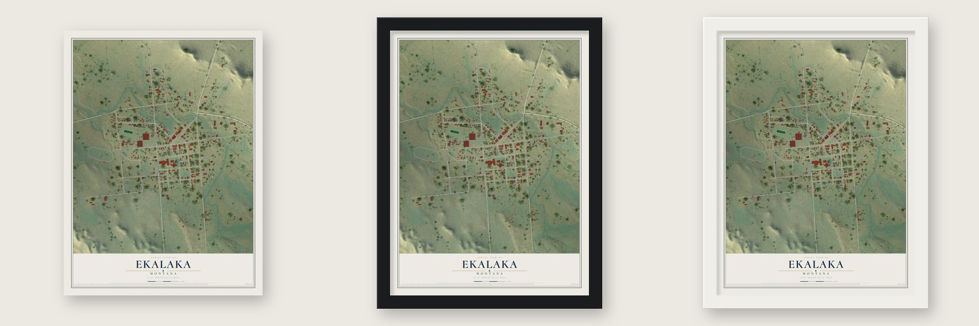 Ekalaka, Montana map unframed, in a black wood frame and in a white wood frame