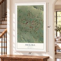 Ekalaka, Montana map, 24 x 36 inch print in a white frame by a staircase
