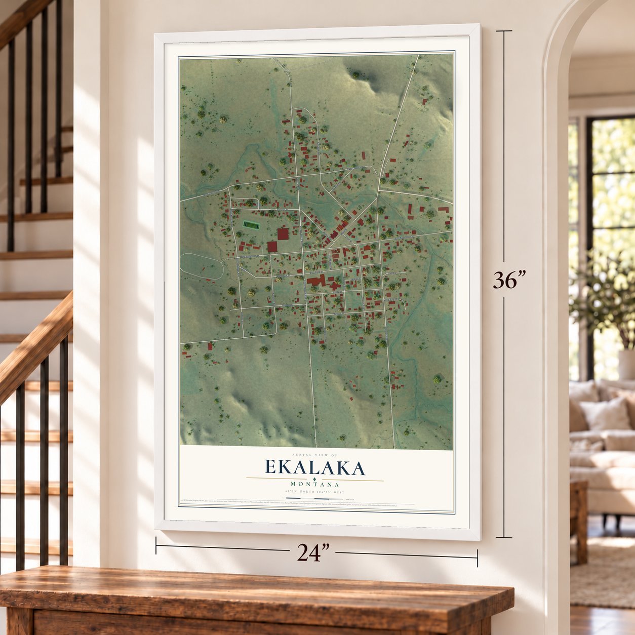 Ekalaka, Montana map, 24 x 36 inch print in a white frame by a staircase