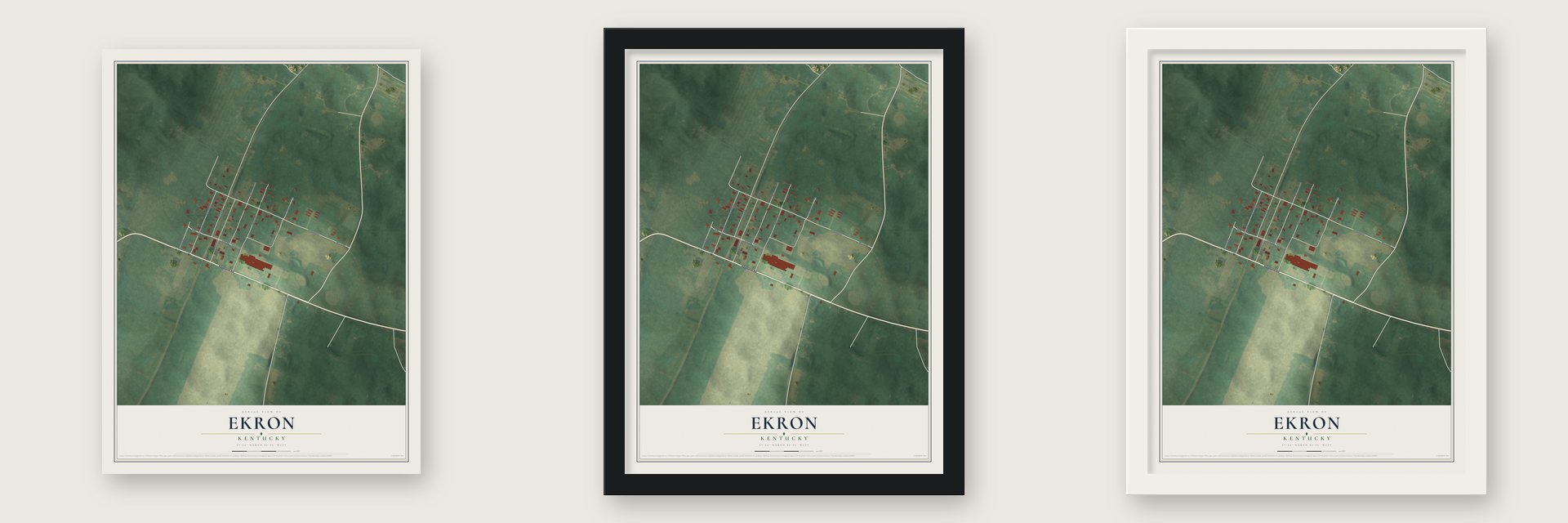 Ekron, Kentucky map unframed, in a black wood frame and in a white wood frame