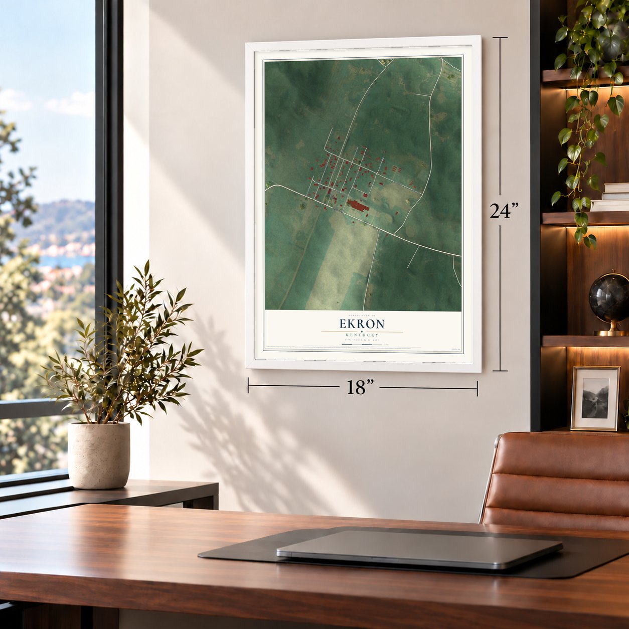 Ekron, Kentucky map, 18 x 24 inch print in a white frame in a home office