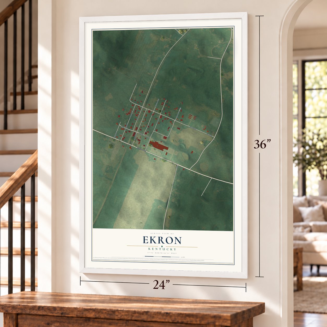 Ekron, Kentucky map, 24 x 36 inch print in a white frame by a staircase