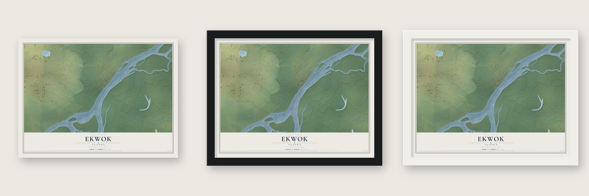 Ekwok, Alaska map unframed, in a black wood frame and in a white wood frame