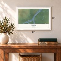 Ekwok, Alaska map, 12 x 18 inch print in a white frame in an entryway