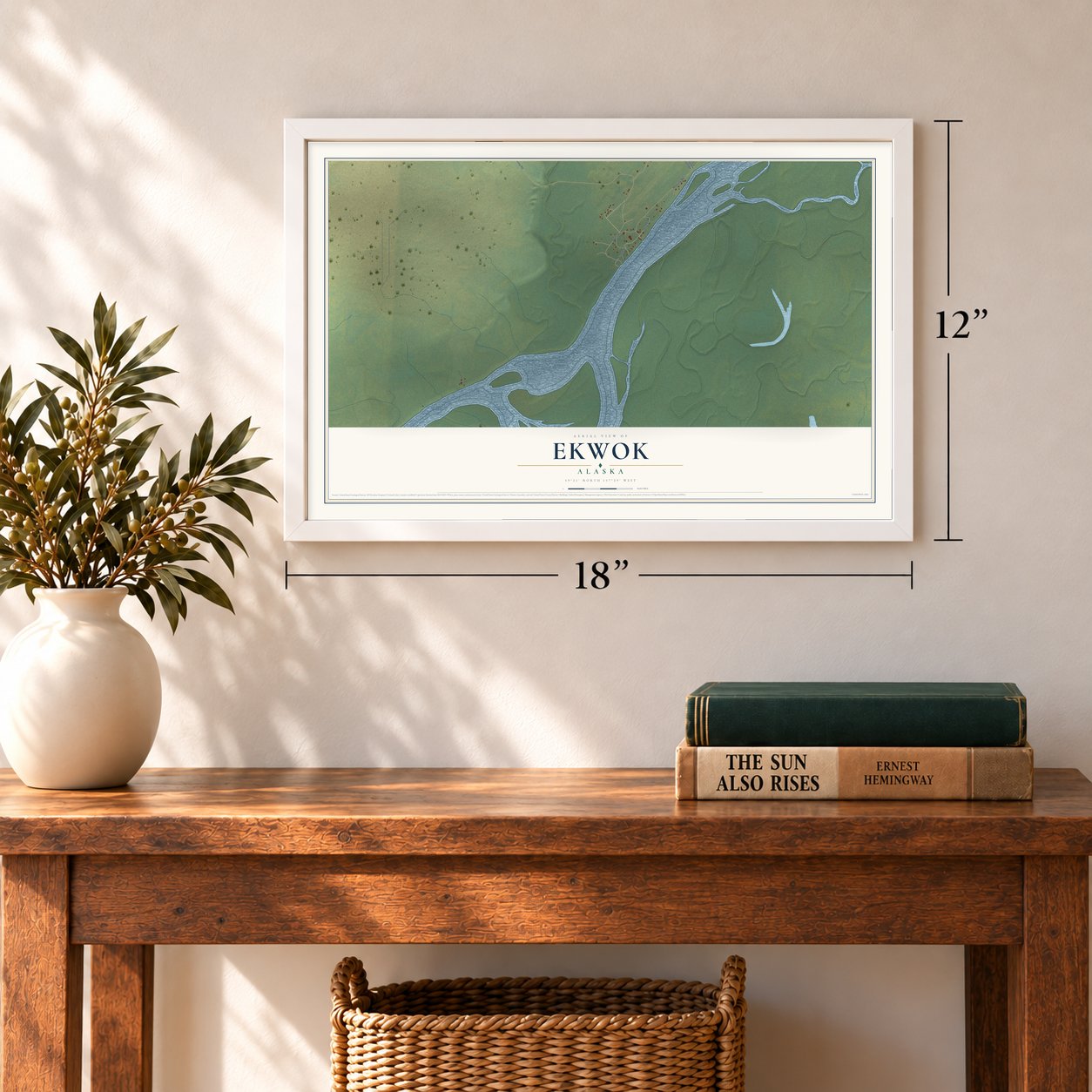 Ekwok, Alaska map, 12 x 18 inch print in a white frame in an entryway