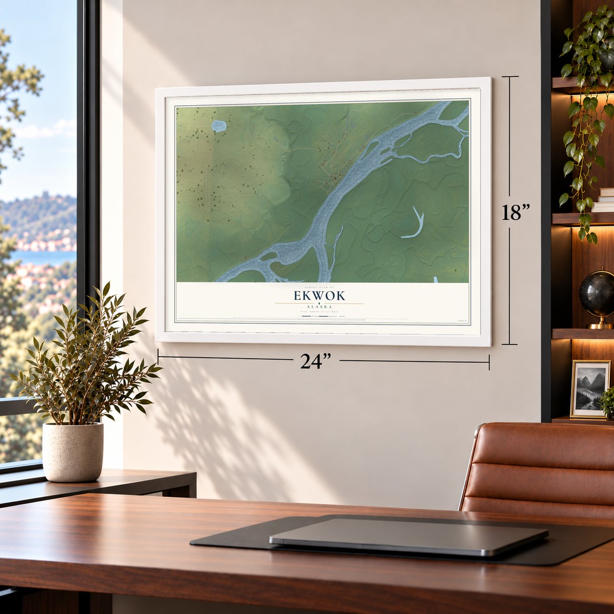 Ekwok, Alaska map, 18 x 24 inch print in a white frame in a home office