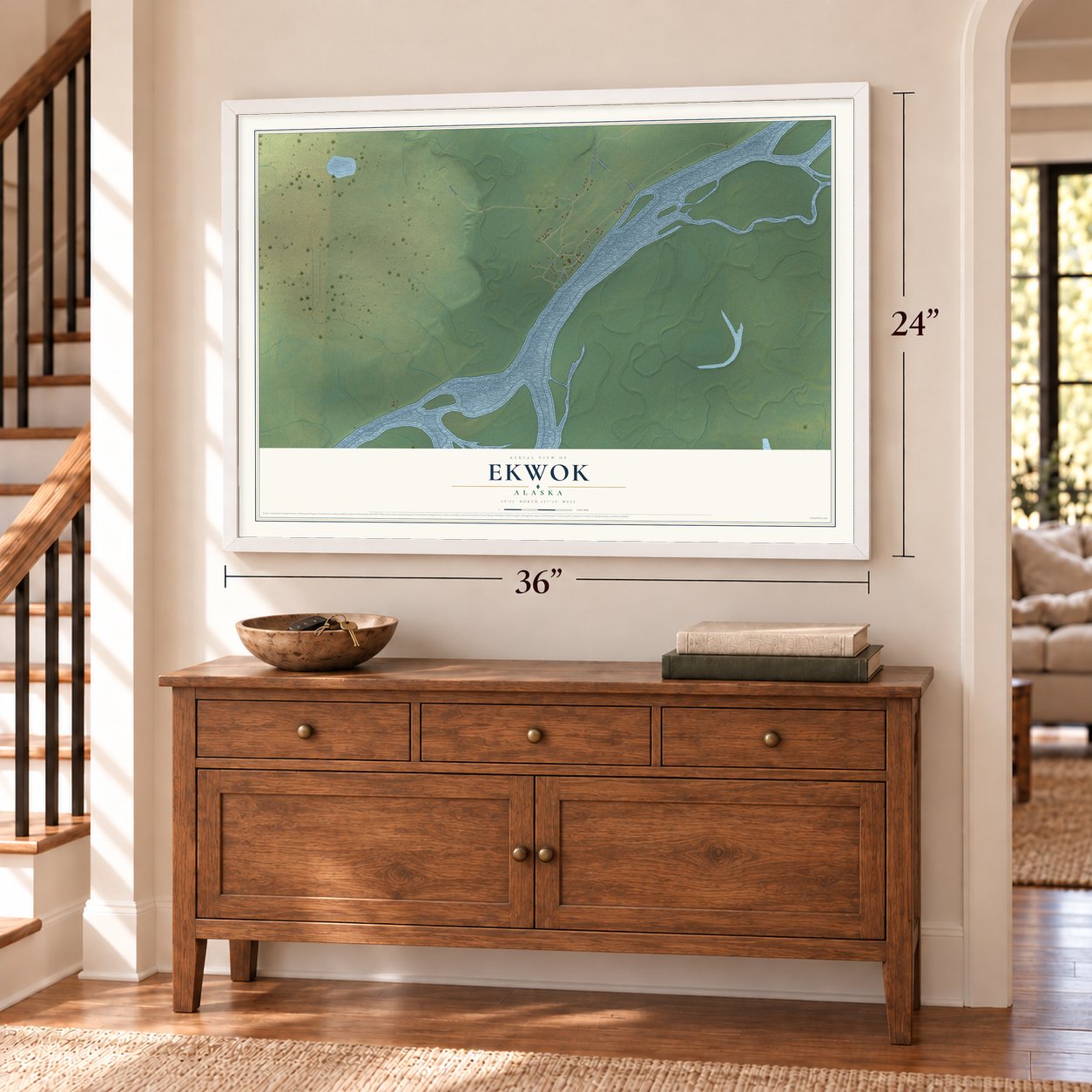 Ekwok, Alaska map, 24 x 36 inch print in a white frame above a dresser by a staircase