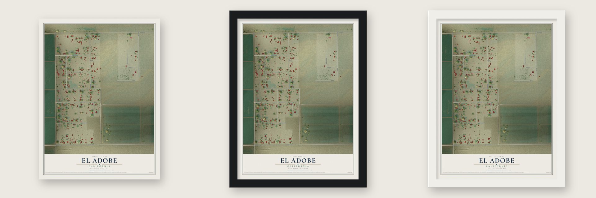 El Adobe, California map unframed, in a black wood frame and in a white wood frame