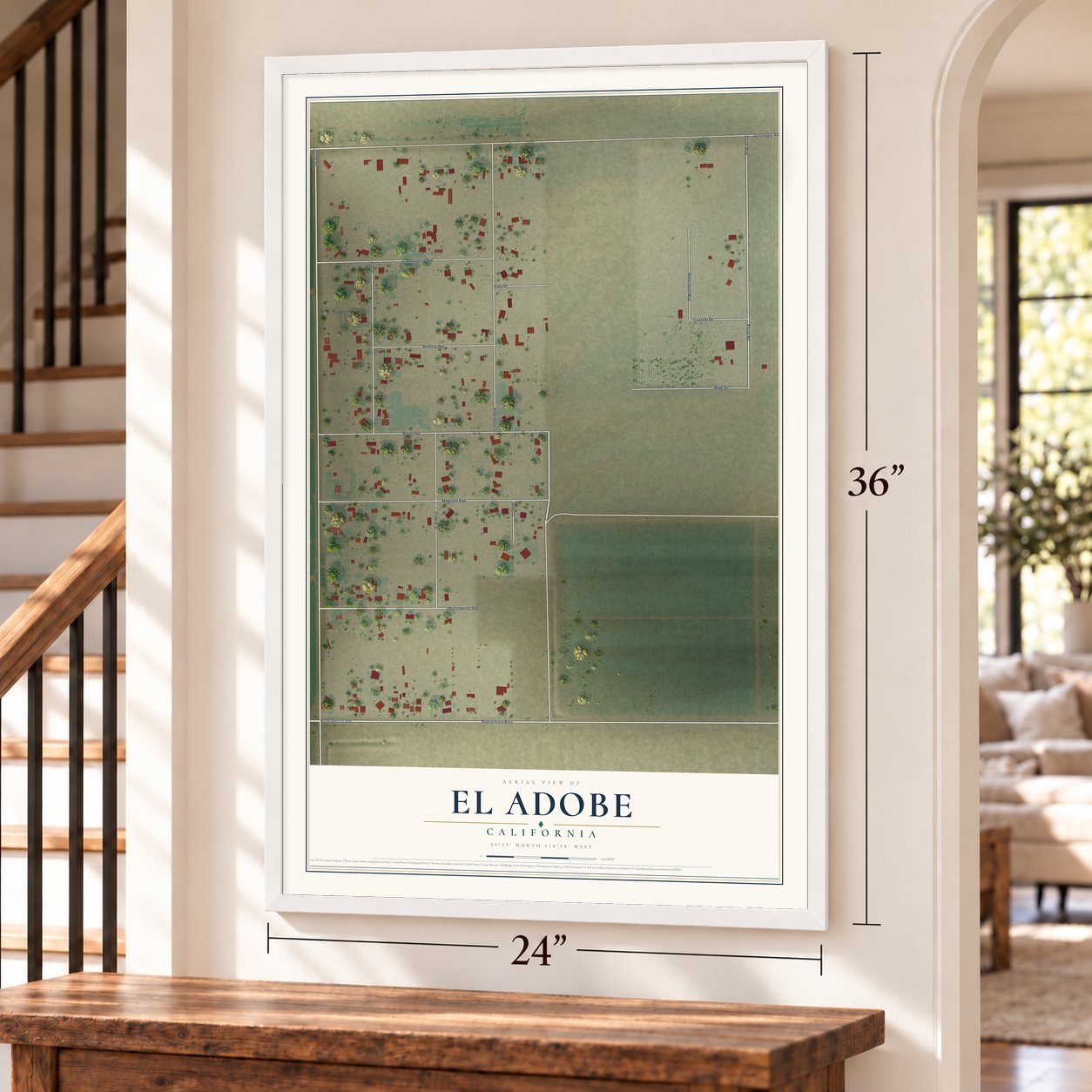 El Adobe, California map, 24 x 36 inch print in a white frame by a staircase