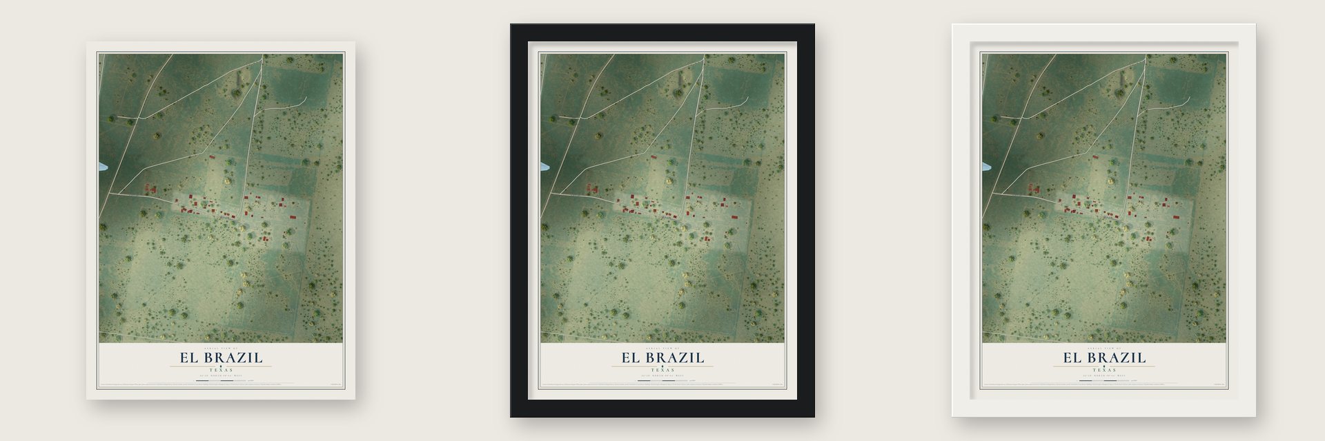 El Brazil, Texas map unframed, in a black wood frame and in a white wood frame