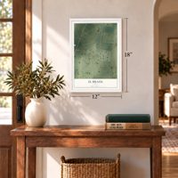 El Brazil, Texas map, 12 x 18 inch print in a white frame in an entryway