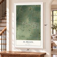 El Brazil, Texas map, 24 x 36 inch print in a white frame by a staircase
