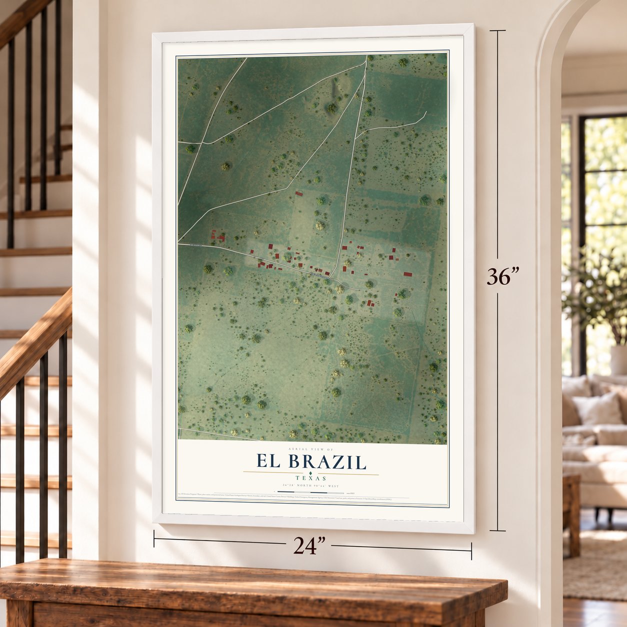 El Brazil, Texas map, 24 x 36 inch print in a white frame by a staircase