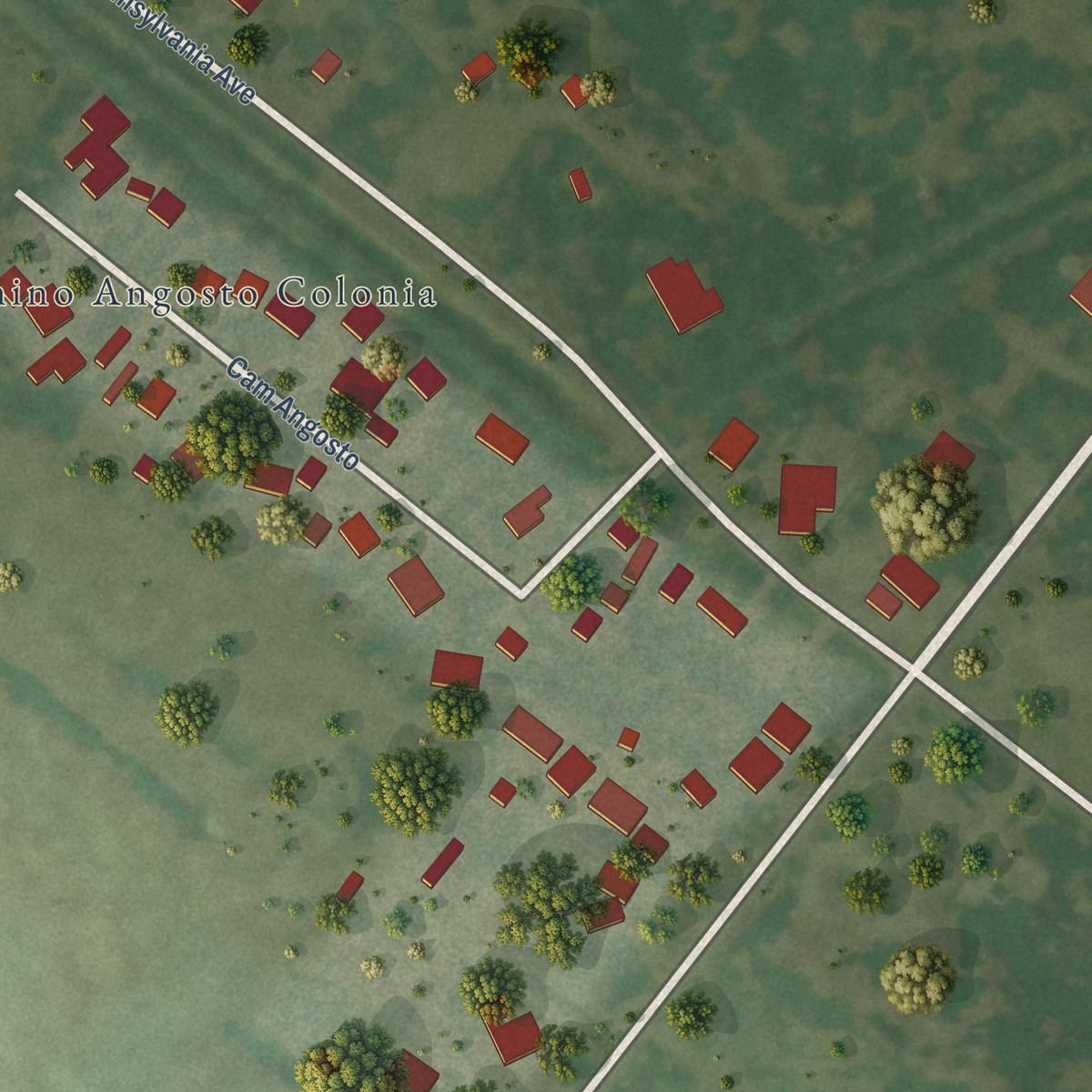 Second close-up of the map of El Camino Angosto, Texas print showing more streets and buildings
