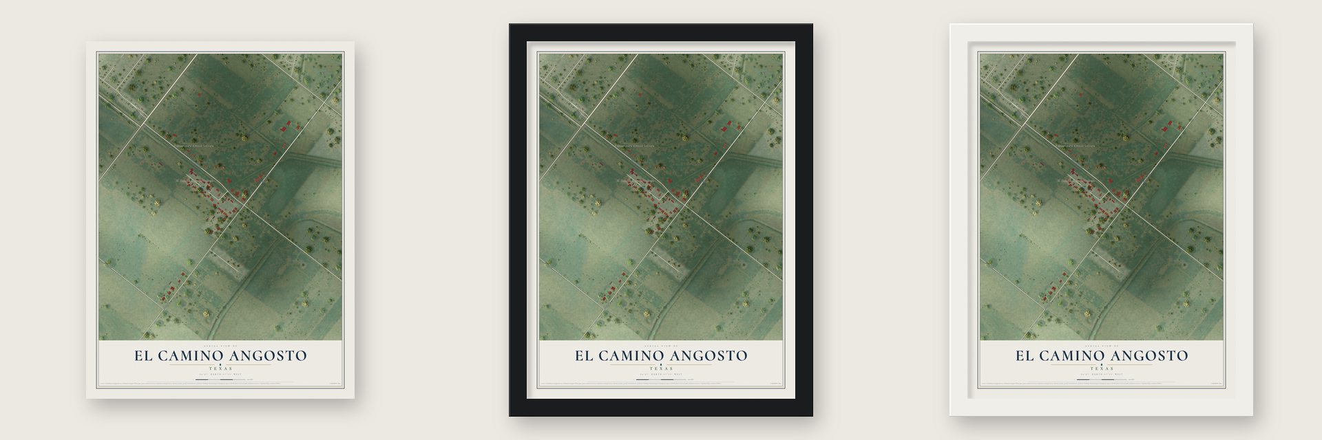 El Camino Angosto, Texas map unframed, in a black wood frame and in a white wood frame