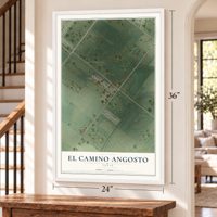 El Camino Angosto, Texas map, 24 x 36 inch print in a white frame by a staircase