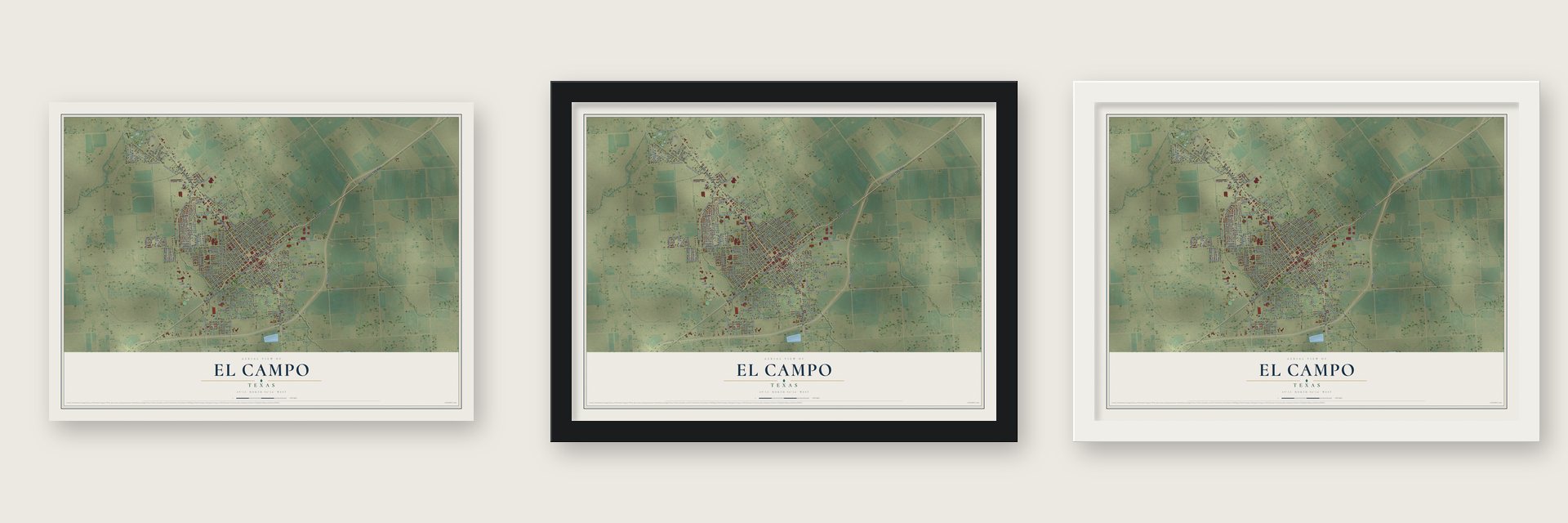 El Campo, Texas map unframed, in a black wood frame and in a white wood frame