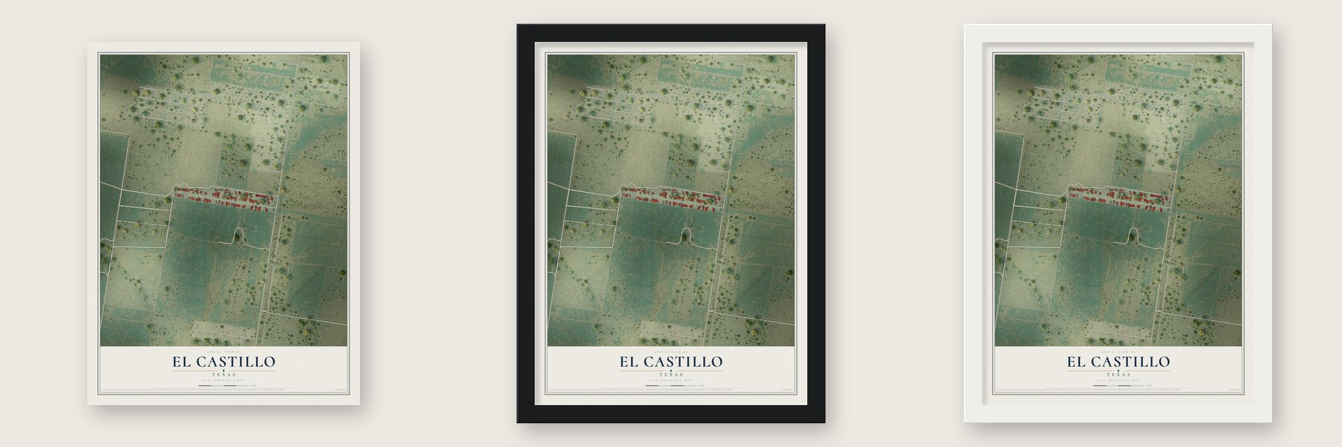 El Castillo, Texas map unframed, in a black wood frame and in a white wood frame