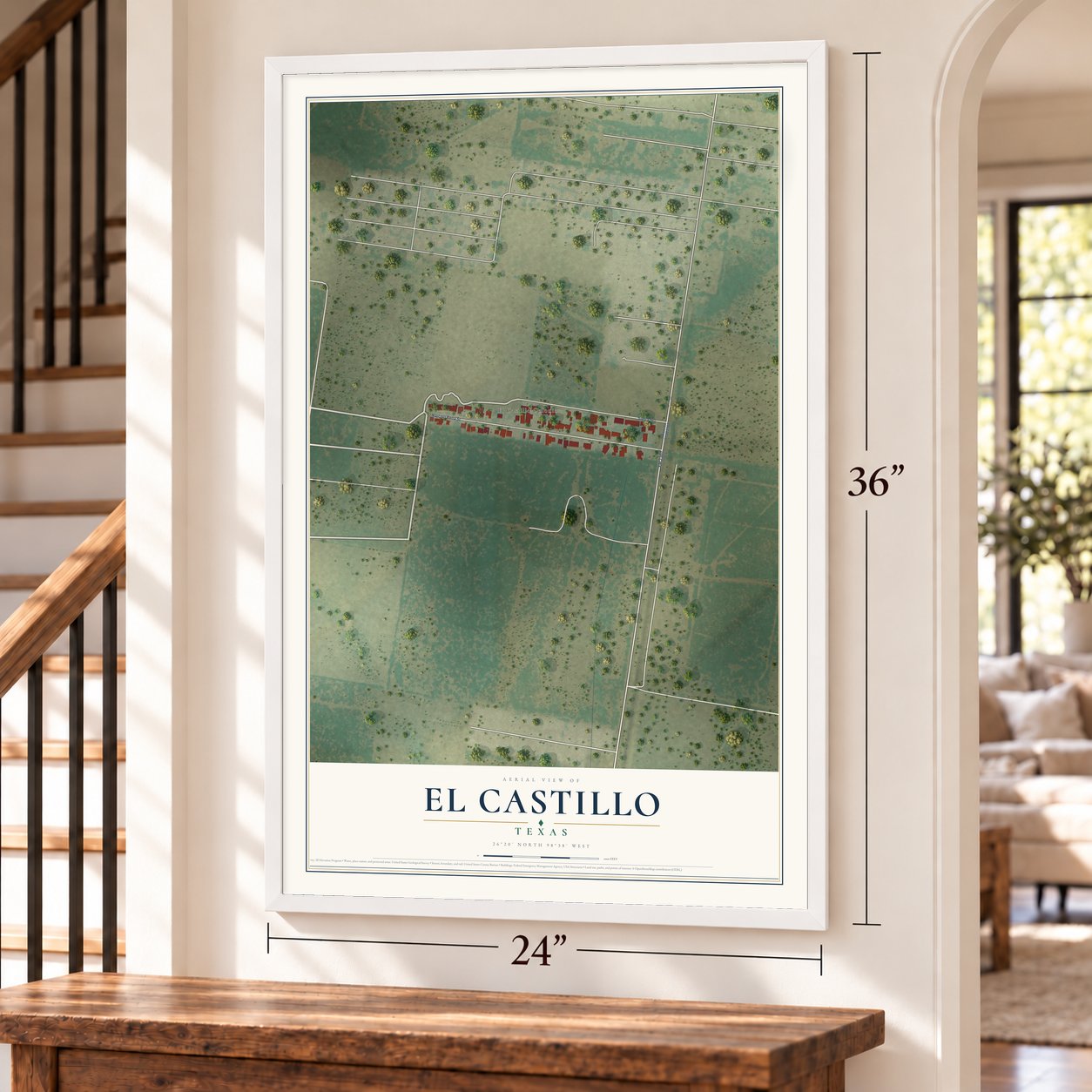 El Castillo, Texas map, 24 x 36 inch print in a white frame by a staircase