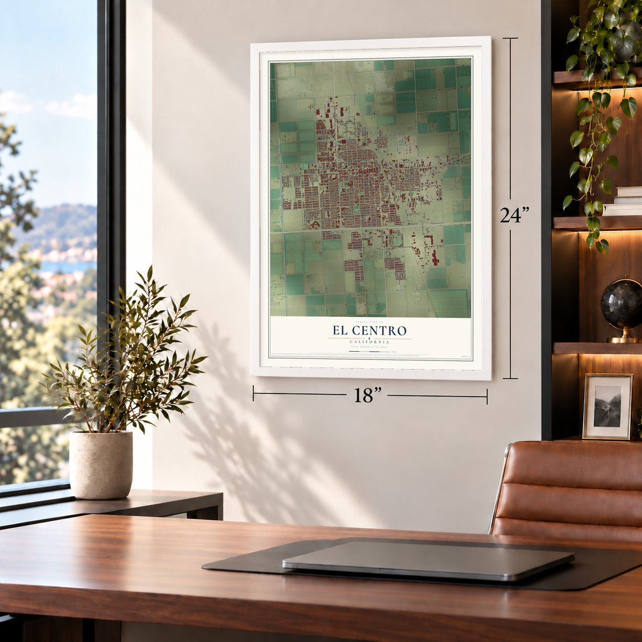 El Centro, California map, 18 x 24 inch print in a white frame in a home office