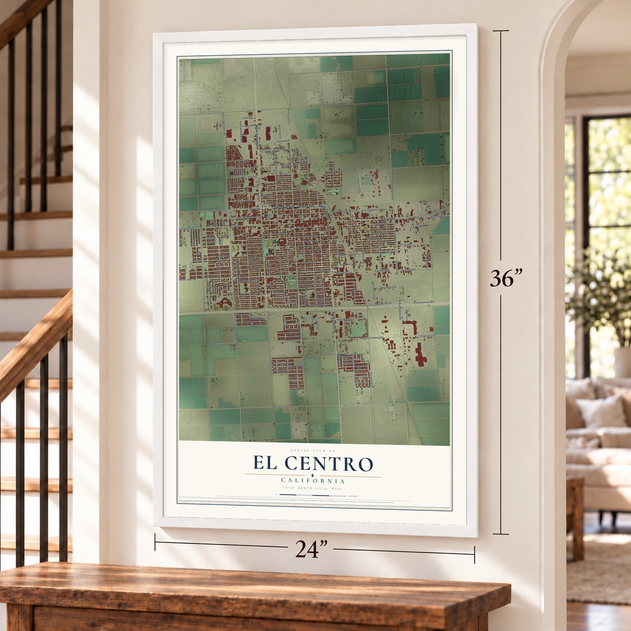 El Centro, California map, 24 x 36 inch print in a white frame by a staircase