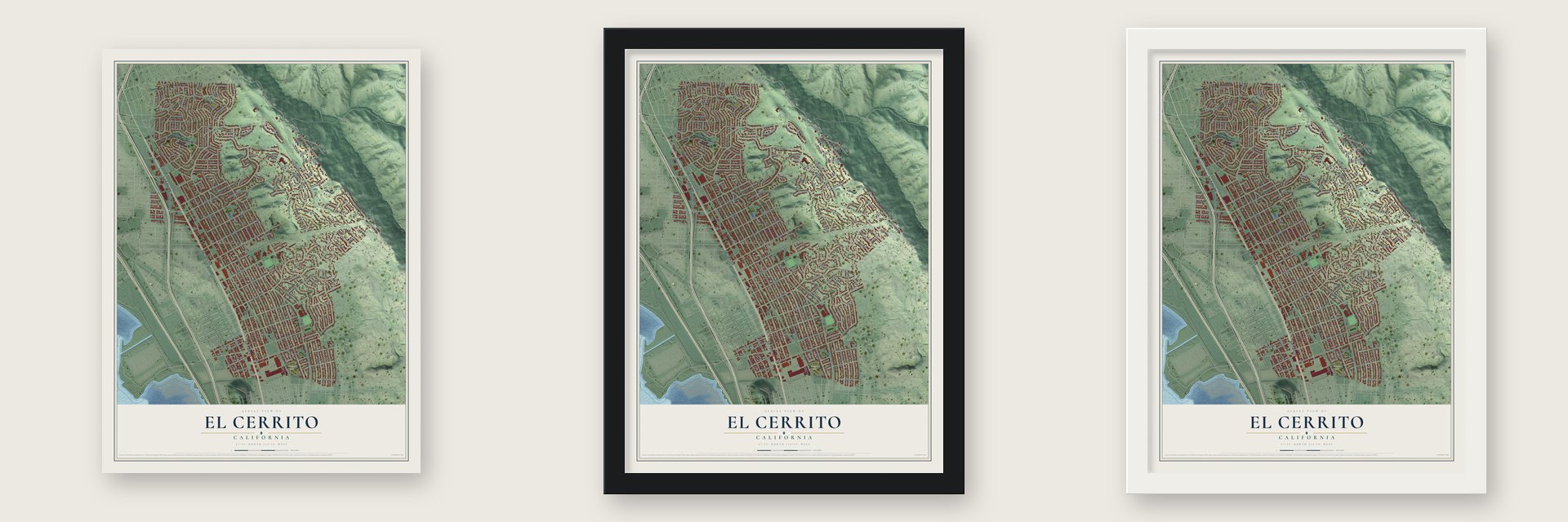 El Cerrito, California map unframed, in a black wood frame and in a white wood frame