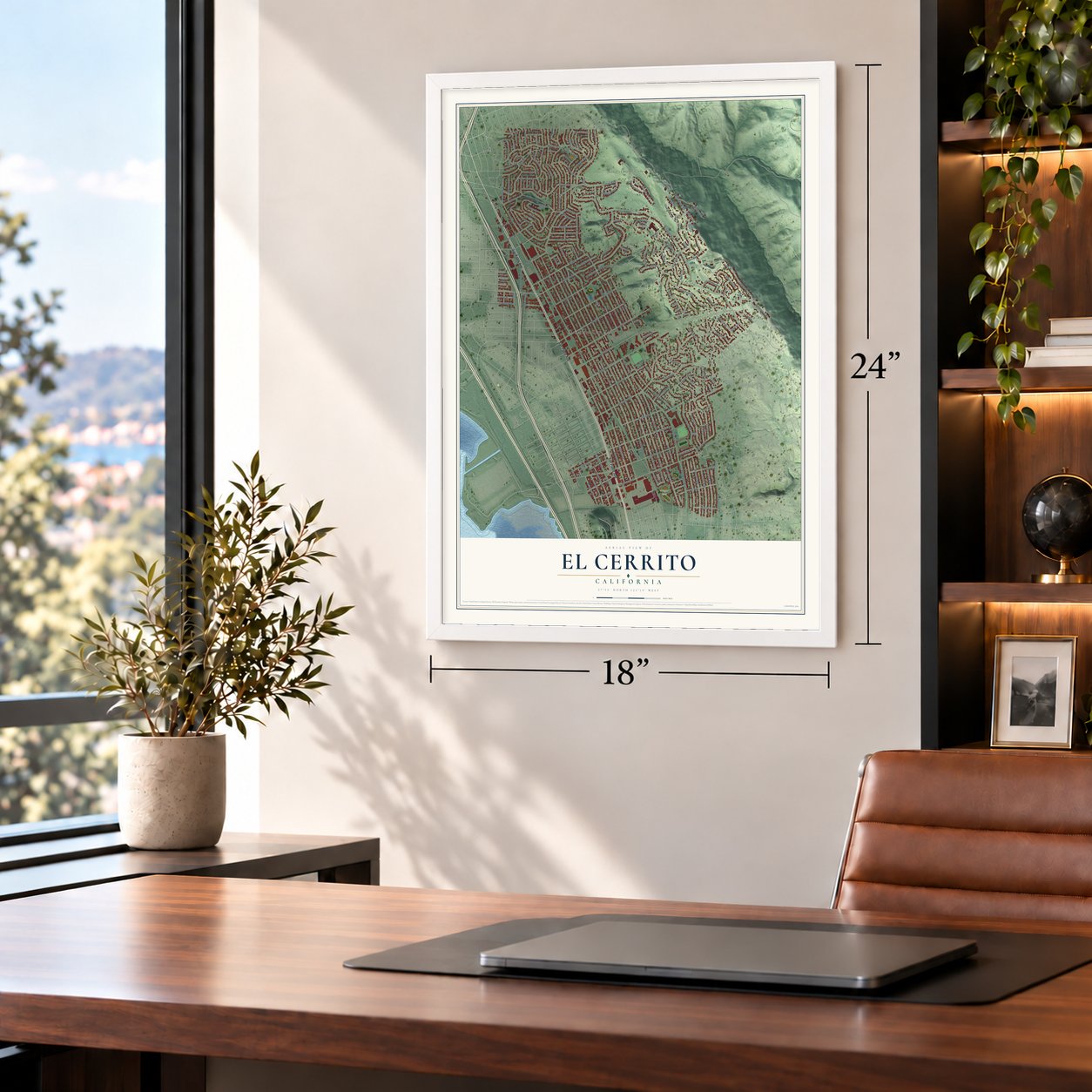 El Cerrito, California map, 18 x 24 inch print in a white frame in a home office