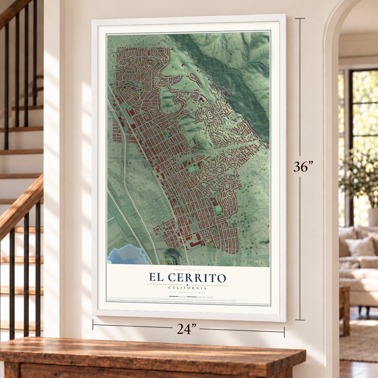 El Cerrito, California map, 24 x 36 inch print in a white frame by a staircase