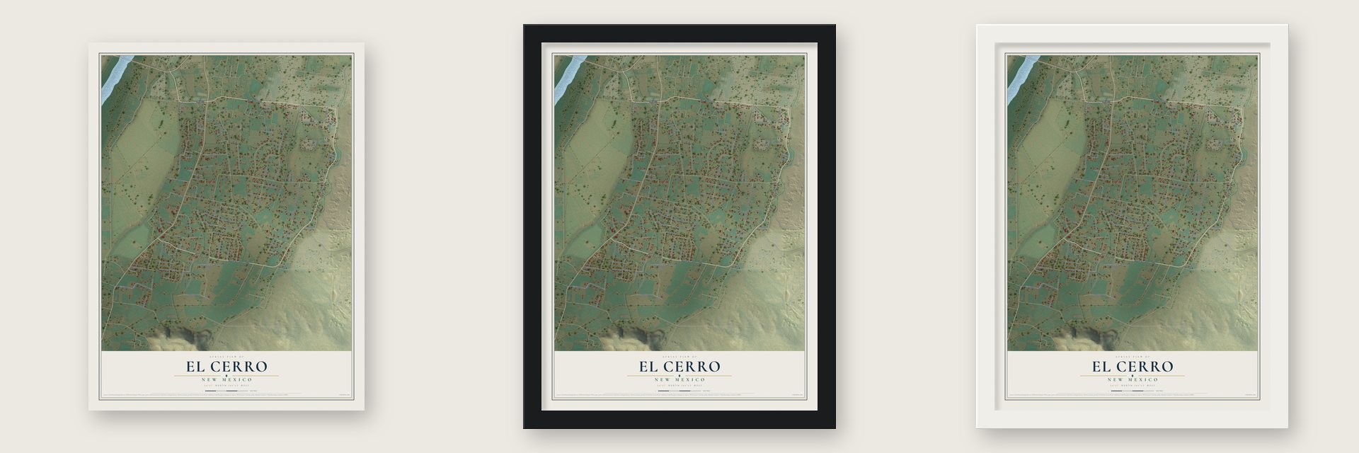 El Cerro, New Mexico map unframed, in a black wood frame and in a white wood frame