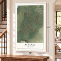 El Cerro, New Mexico map, 24 x 36 inch print in a white frame by a staircase