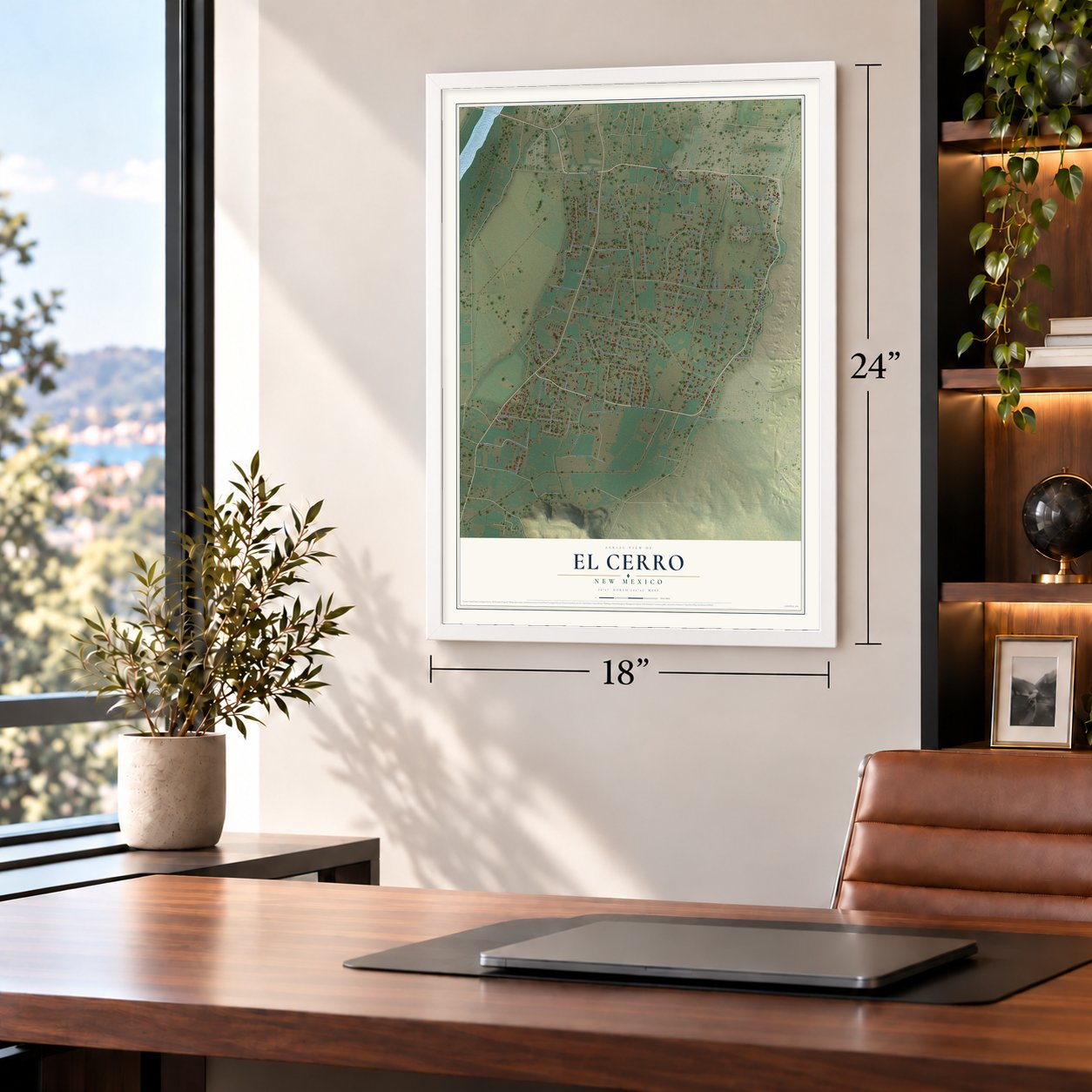 El Cerro, New Mexico map, 18 x 24 inch print in a white frame in a home office
