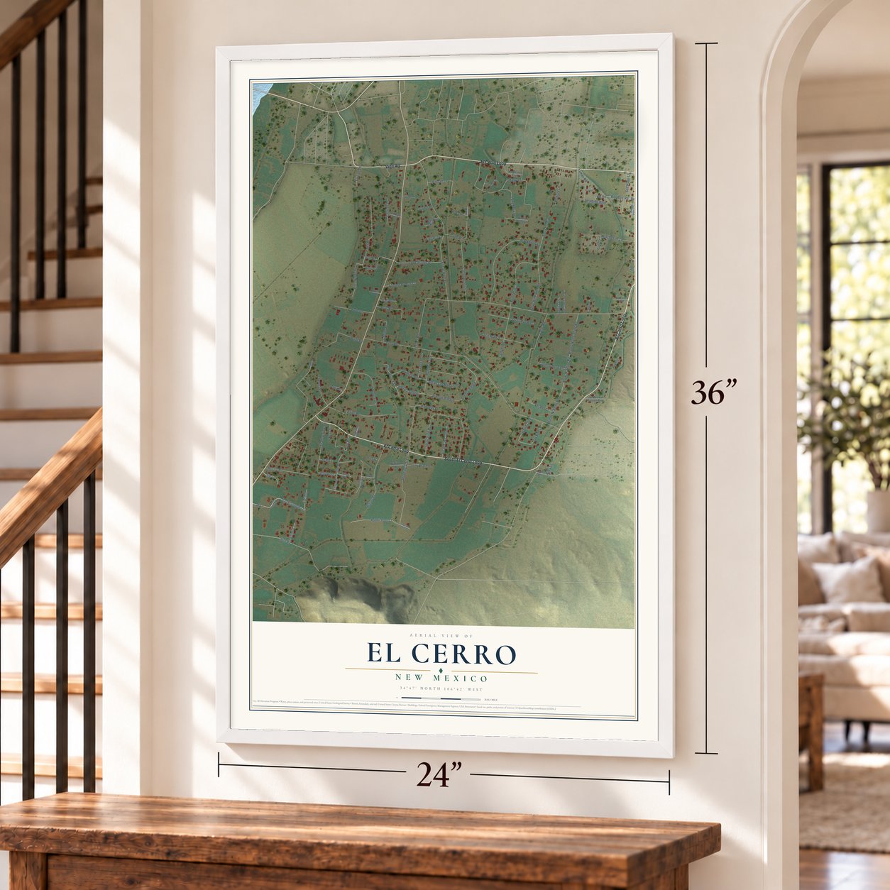 El Cerro, New Mexico map, 24 x 36 inch print in a white frame by a staircase